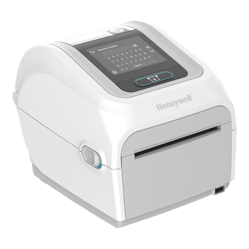 Honeywell PC45d Healthcare — biała drukarka etykiet, widok pod kątem z przodu i z boku, ekran dotykowy i szczelina wydruku