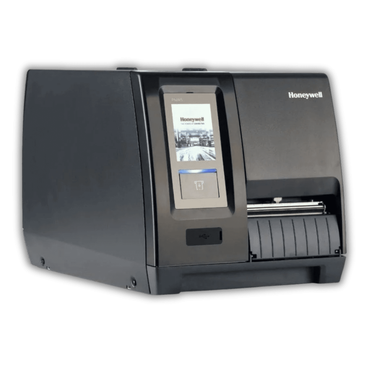 Honeywell PM45 RFID — drukarka z ekranem dotykowym, widok pod kątem