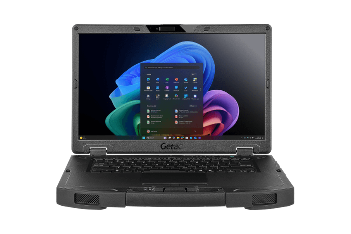 Getac S510AD — otwarty laptop, widok z przodu, ekran 15,6 cala i klawiatura
