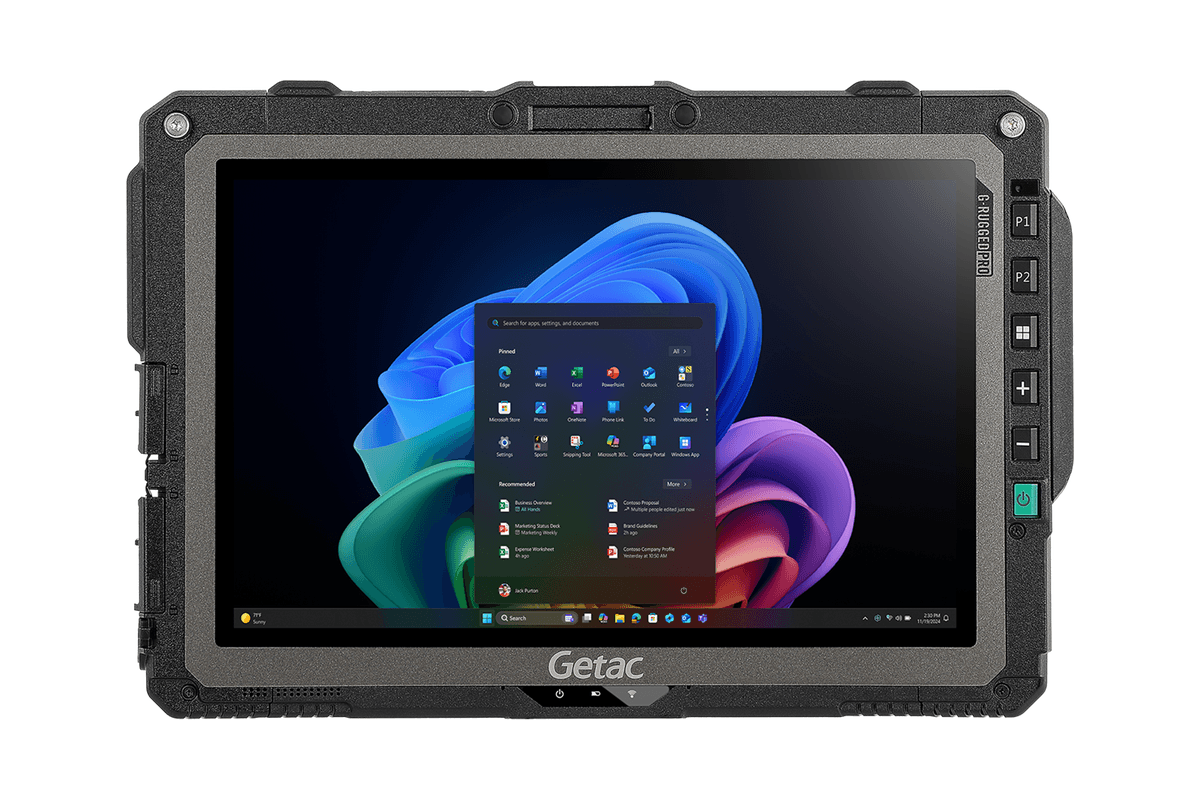 Getac UX10 G5 — widok z przodu, ekran 10,1 cala w poziomie i przyciski po prawej stronie
