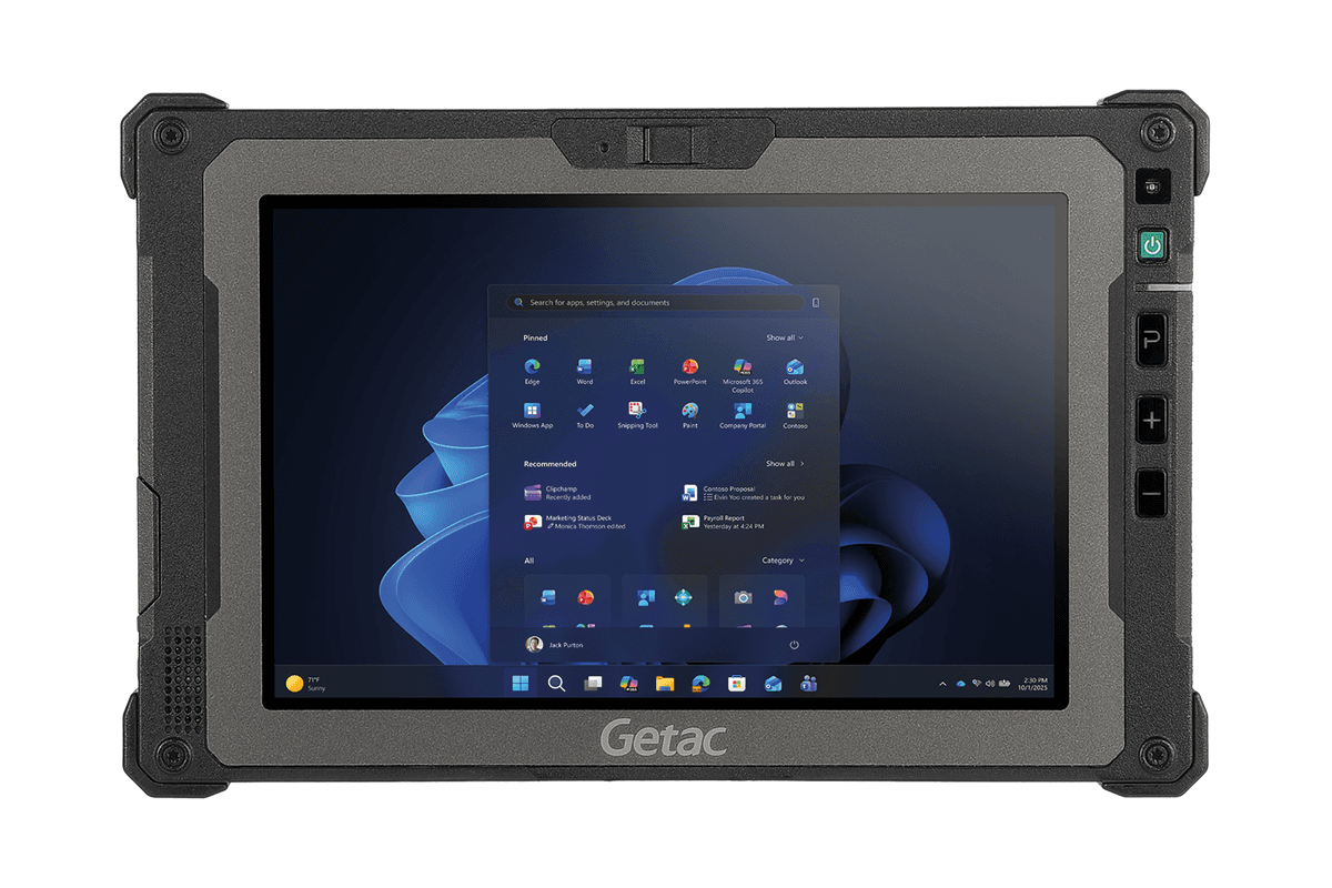 Getac ZX80W — widok z przodu, ekran 8 cali z Windows 11 i przyciski po prawej stronie