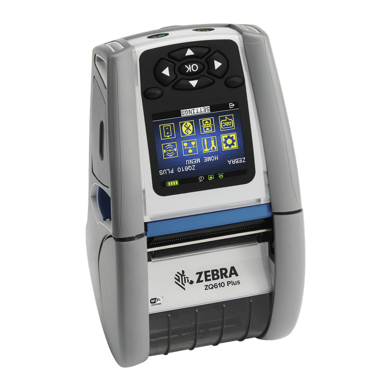 Zebra ZQ610 Plus-HC — mobilna drukarka 2" w kolorystyce dla ochrony zdrowia, widok z przodu pod kątem, kolorowy wyświetlacz i przyciski nawigacji