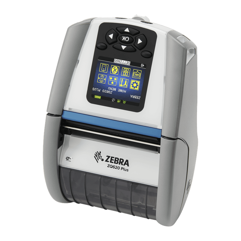Zebra ZQ620 Plus-HC — mobilna drukarka 3" w kolorystyce dla ochrony zdrowia, widok z przodu pod kątem