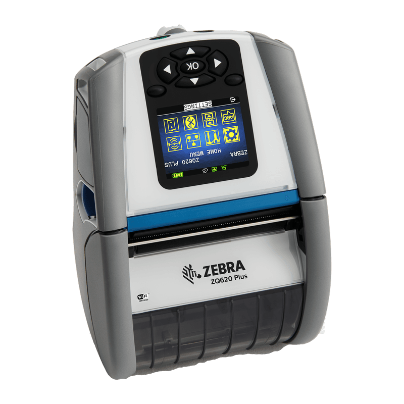 Zebra ZQ620 Plus-HC — mobilna drukarka 3" w kolorystyce dla ochrony zdrowia, widok z przodu pod kątem