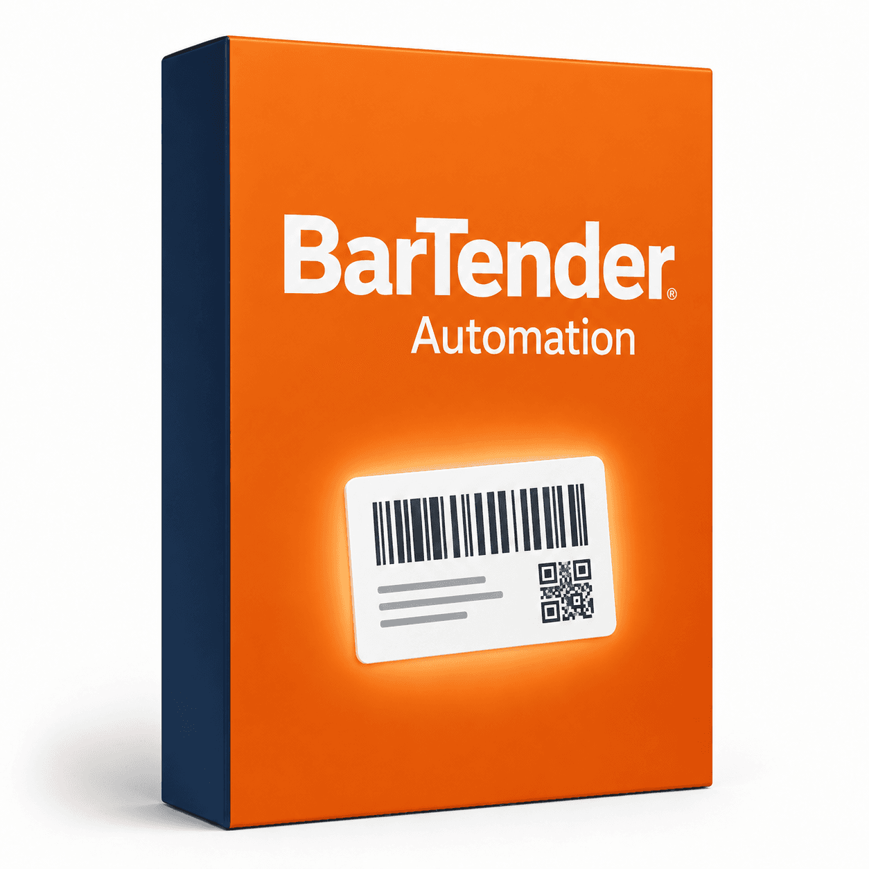 BarTender Automation — wizualizacja licencji oprogramowania, pudełko z etykietą i kodem kreskowym