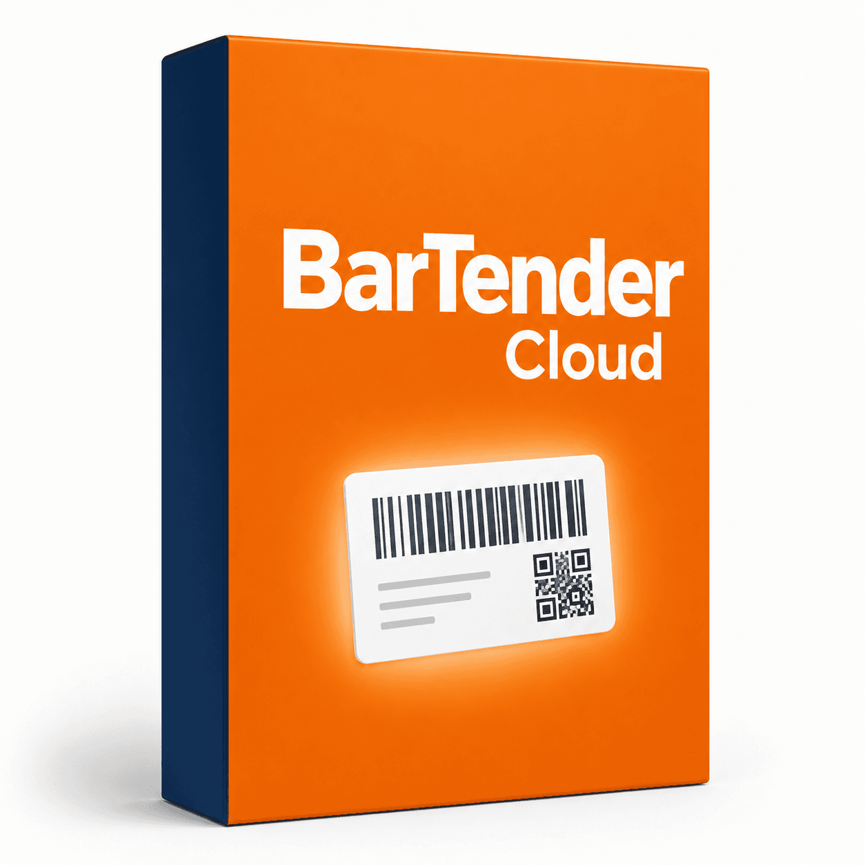 BarTender Cloud — wizualizacja licencji oprogramowania, pudełko z etykietą i kodem kreskowym