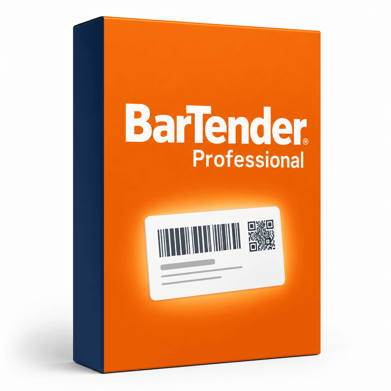 BarTender Professional — wizualizacja licencji oprogramowania, pudełko z etykietą i kodem kreskowym
