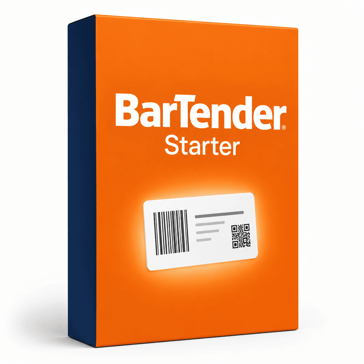 BarTender Starter — wizualizacja licencji oprogramowania, pudełko z etykietą i kodem kreskowym