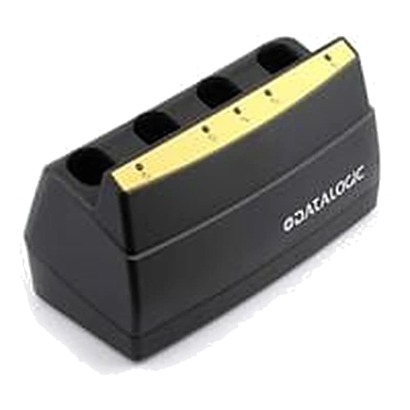 Ładowarka Datalogic MC-P090 — czarna ładowarka z czterema gniazdami na akumulatory i żółtym panelem z diodami