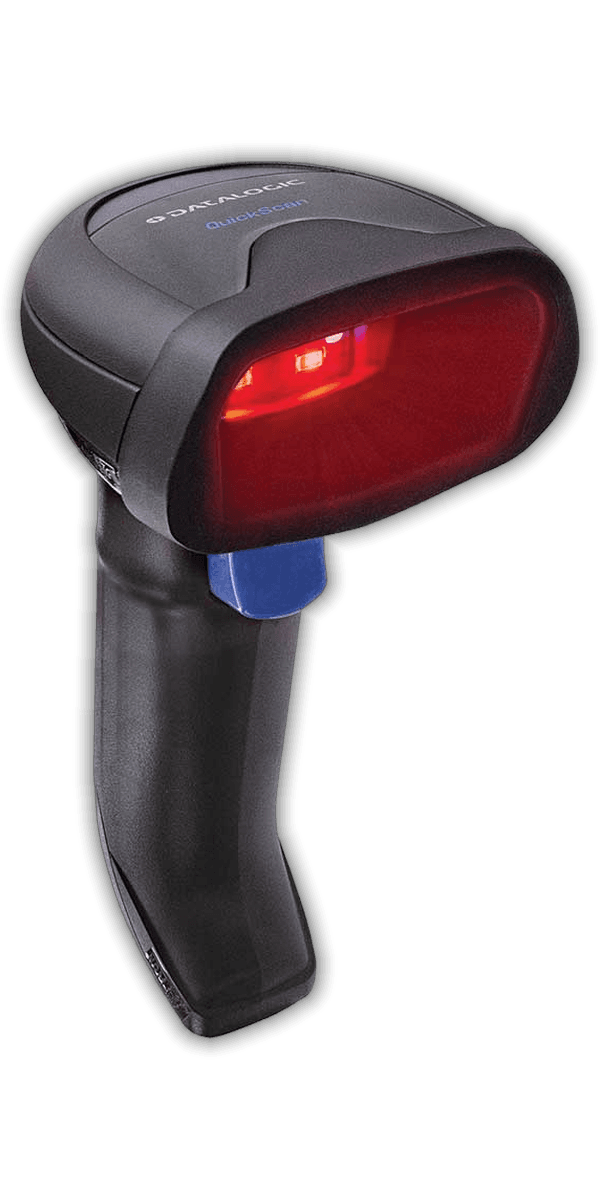 Datalogic QuickScan QBT2500, ujęcie od prawej — czerwone oświetlenie odczytu włączone