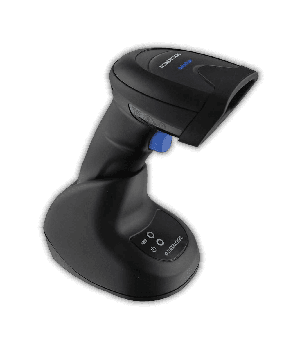Datalogic QuickScan QM2500 w bazie ładującej BC2090, ujęcie od prawej — obudowa wspólna z wersją Bluetooth