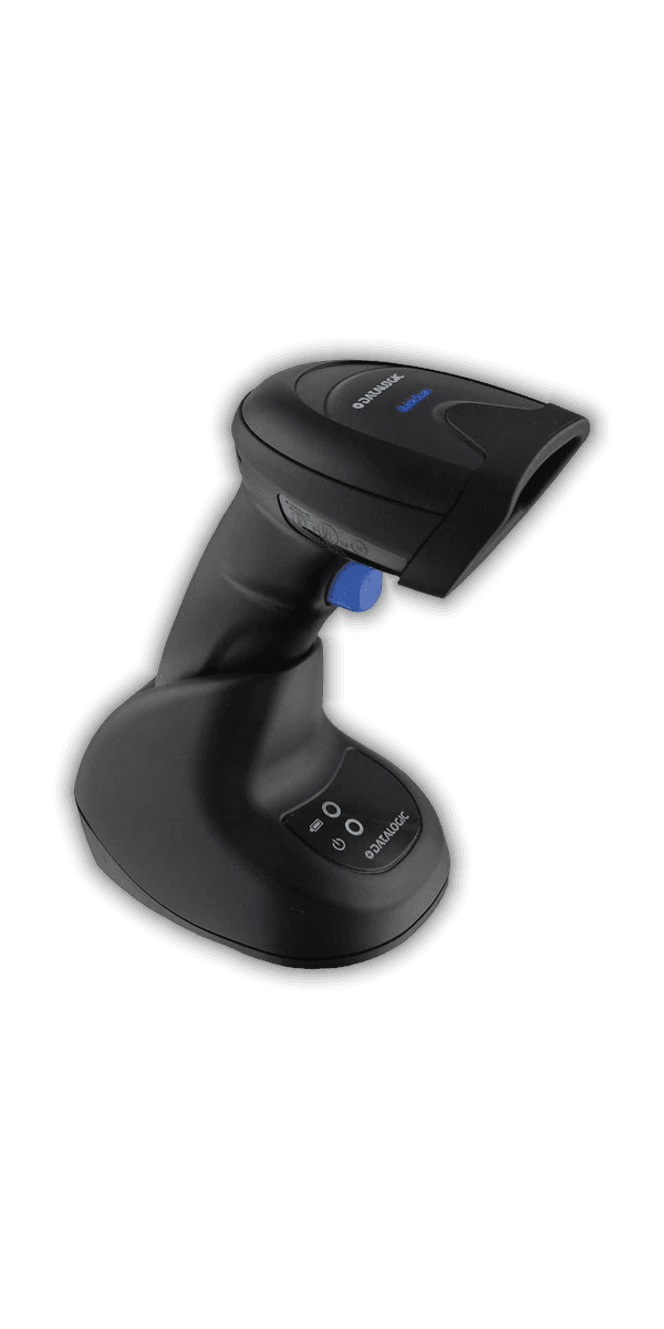 Datalogic QuickScan QM2500 w bazie ładującej BC2090, ujęcie od prawej — obudowa wspólna z wersją Bluetooth