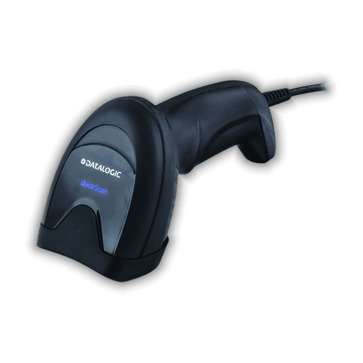 Datalogic QuickScan QD2590, ujęcie od lewej — czarna obudowa z logo QuickScan i kablem