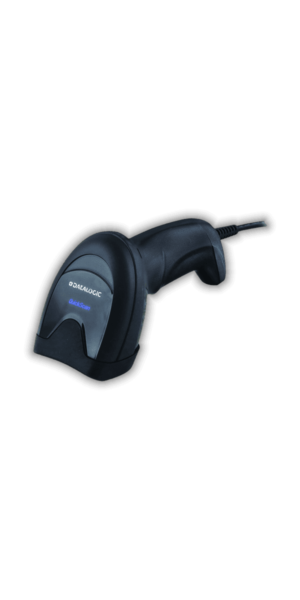 Datalogic QuickScan QD2590, ujęcie od lewej — czarna obudowa z logo QuickScan i kablem