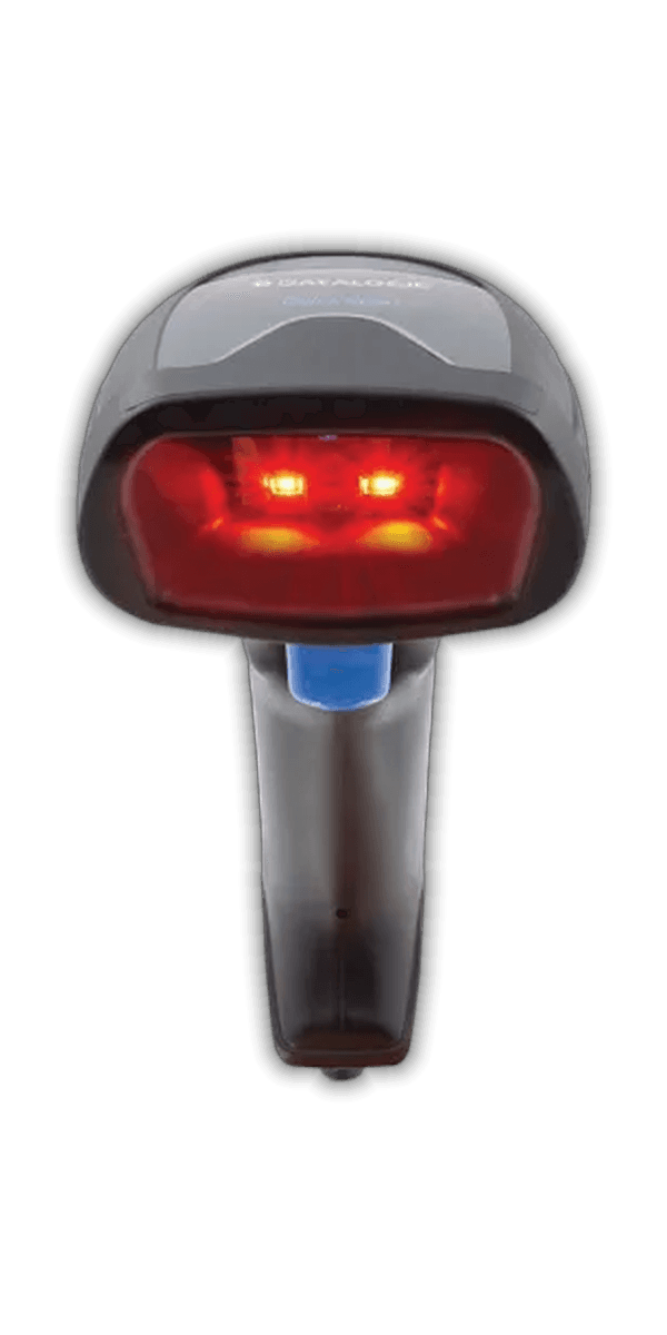 Datalogic QuickScan QD2590 — widok z przodu, aktywne oświetlenie odczytu i niebieski spust