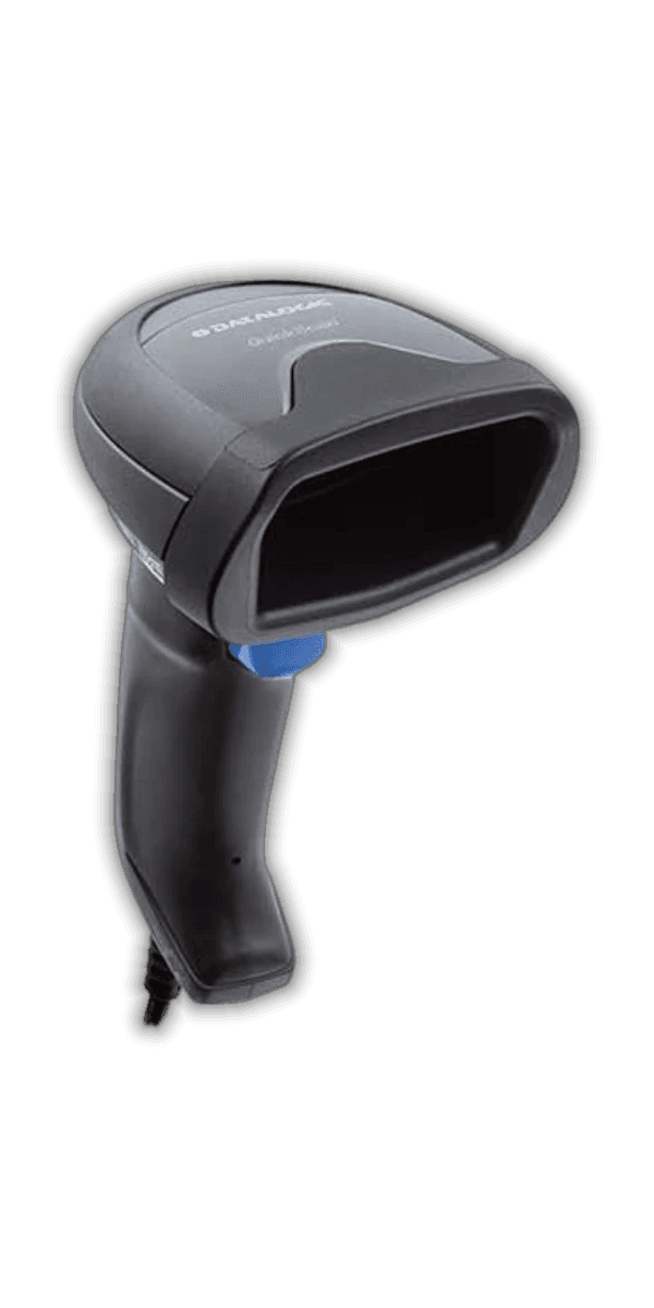 Datalogic QuickScan QW2520 — ujęcie pod kątem, czarna obudowa z niebieskim spustem i kablem