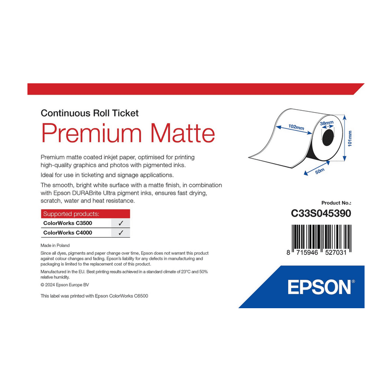 Papier do biletów Epson Premium Matte 102 mm × 50 m (C33S045390), opakowanie rolki