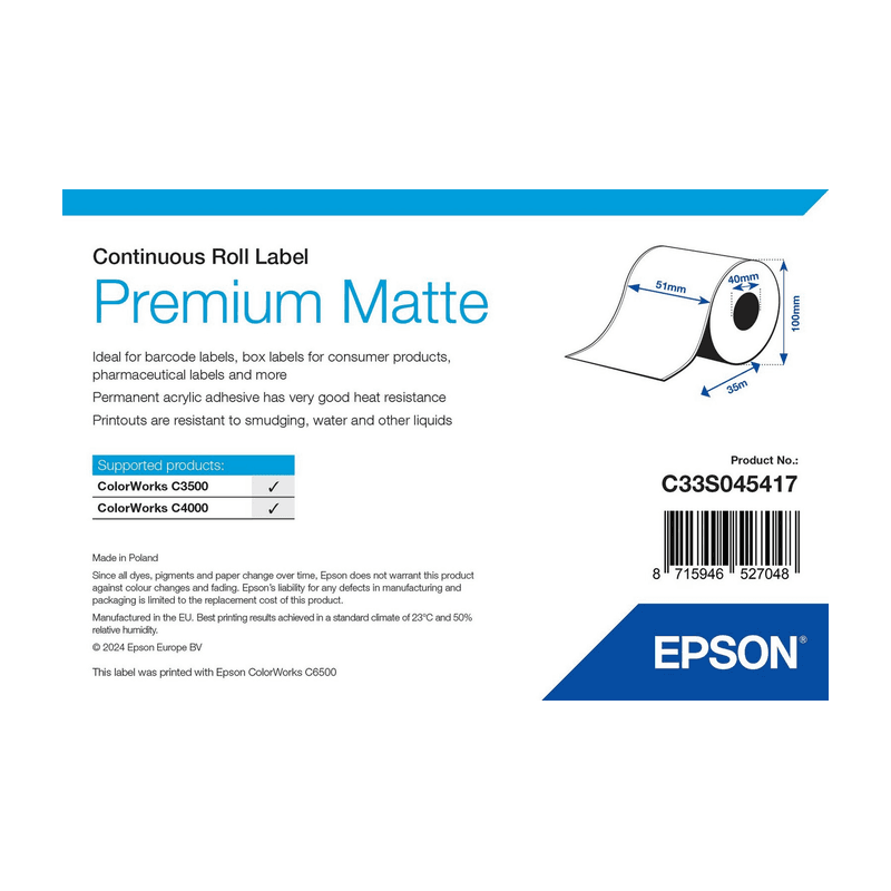 Etykiety ciągłe Epson Premium Matte 51 mm × 35 m (C33S045417), opakowanie rolki