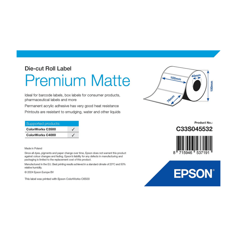 Etykiety Epson Premium Matte 102 × 76 mm, 440 szt. (C33S045532), opakowanie rolki