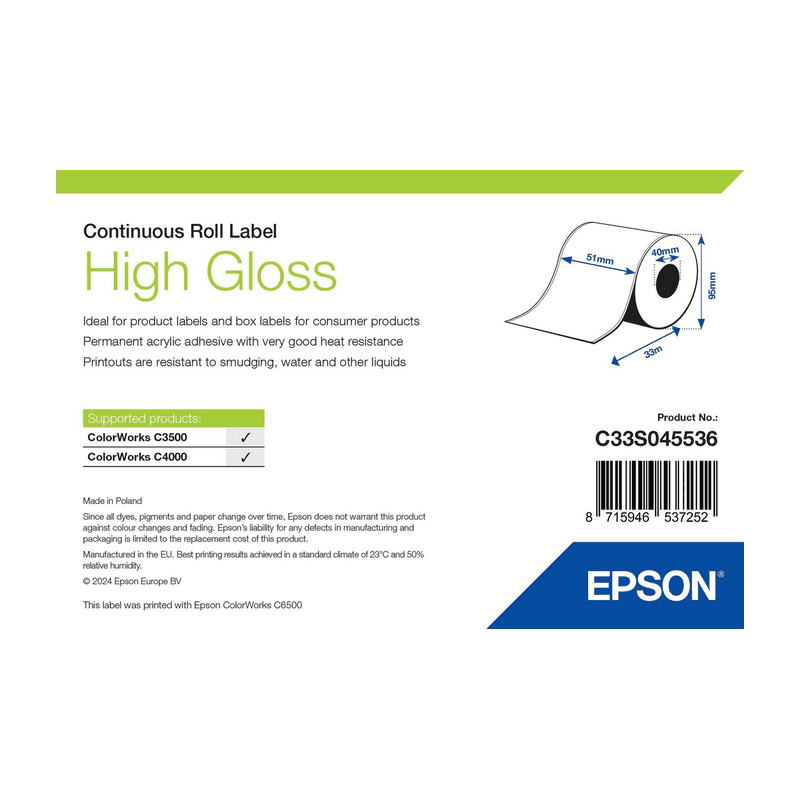 Etykiety ciągłe Epson High Gloss 51 mm × 33 m (C33S045536), opakowanie rolki