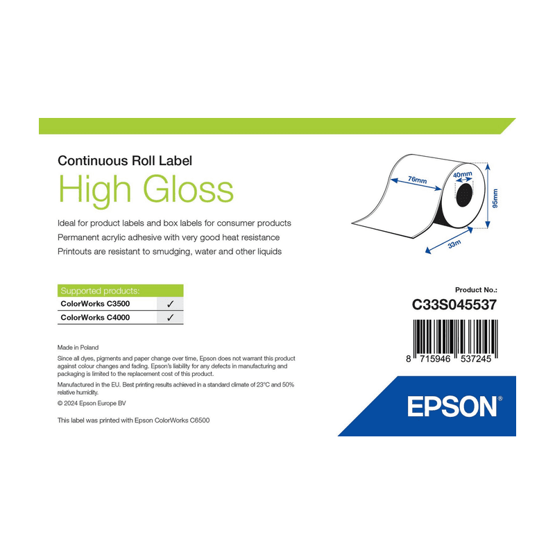 Etykiety ciągłe Epson High Gloss 76 mm × 33 m (C33S045537), opakowanie rolki