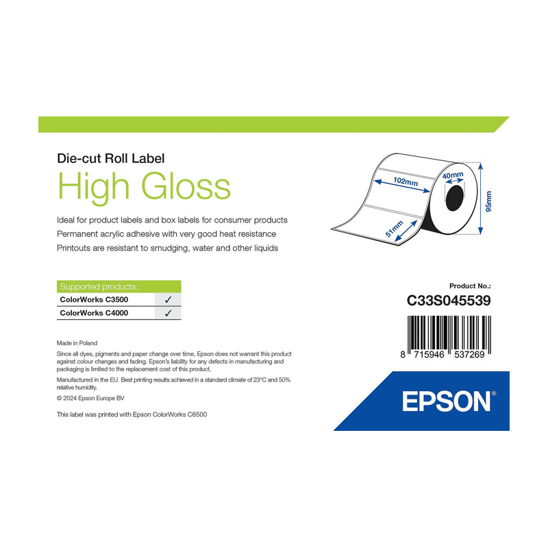 Etykiety Epson High Gloss 102 × 51 mm, 610 szt. (C33S045539), opakowanie rolki