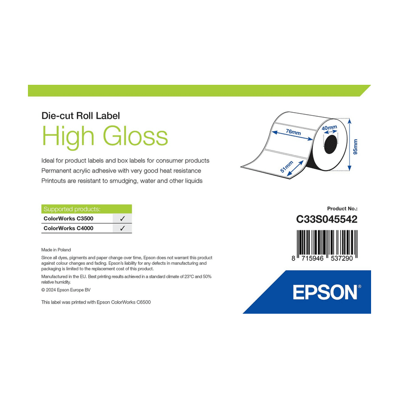 Etykiety Epson High Gloss 76 × 51 mm, 610 szt. (C33S045542), opakowanie rolki