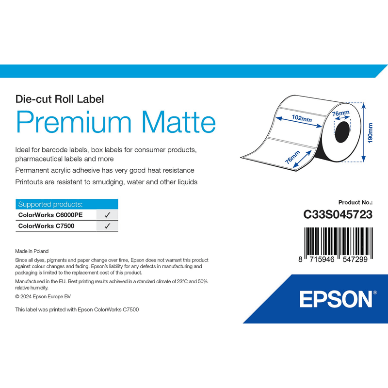 Opakowanie etykiet Epson Premium Matte 102 × 76 mm, 1570 szt. (C33S045723)