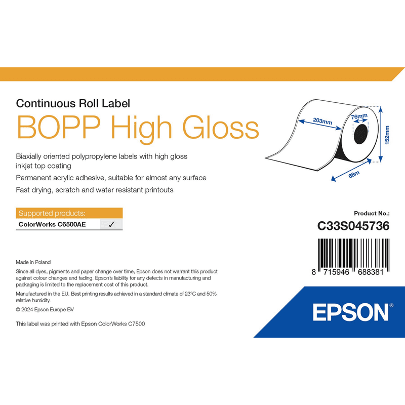 Opakowanie etykiet ciągłych Epson BOPP High Gloss 203 mm × 68 m (C33S045736)