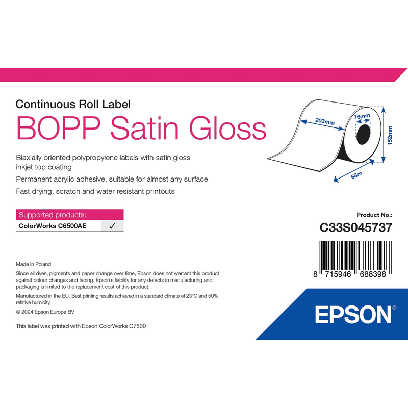 Opakowanie etykiet ciągłych Epson BOPP Satin Gloss 203 mm × 68 m (C33S045737)