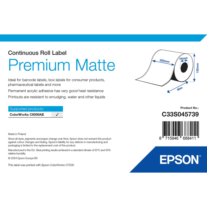 Opakowanie etykiet ciągłych Epson Premium Matte 203 mm × 60 m (C33S045739)