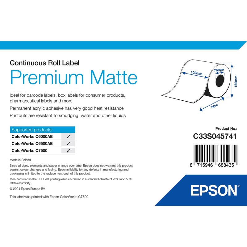 Opakowanie etykiet ciągłych Epson Premium Matte 102 mm × 60 m (C33S045741)