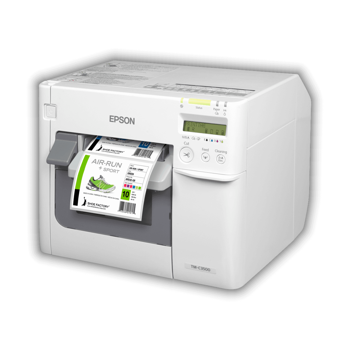 Epson ColorWorks C3500 w trakcie druku kolorowej etykiety, widoczny panel sterowania z wyświetlaczem LCD