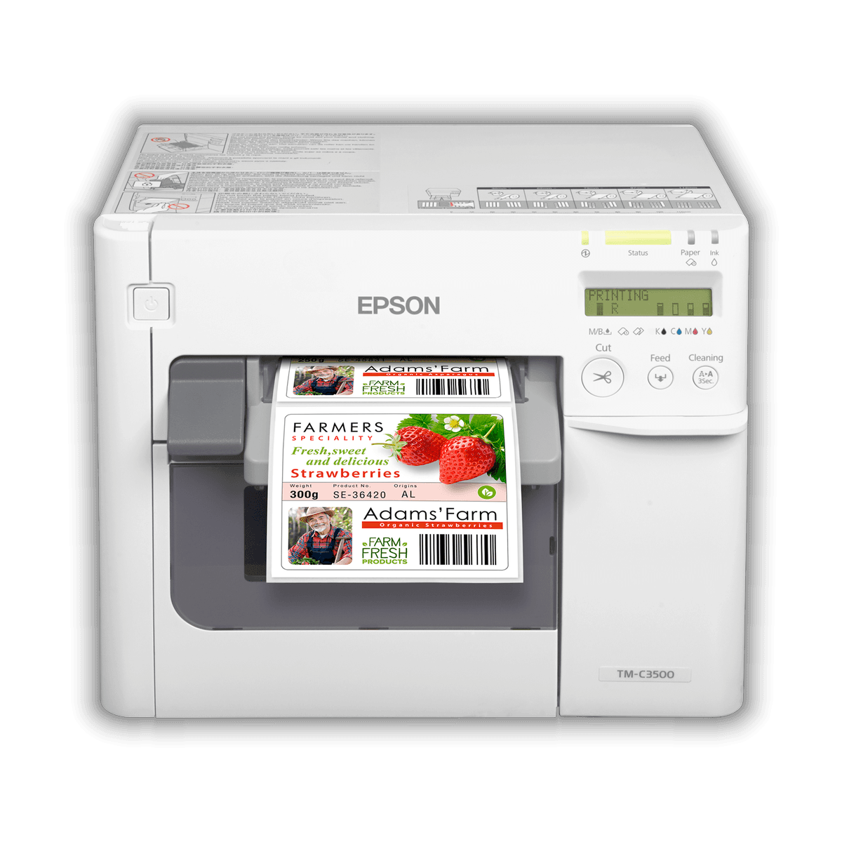 Epson ColorWorks C3500 od przodu, w trakcie druku kolorowej etykiety produktowej