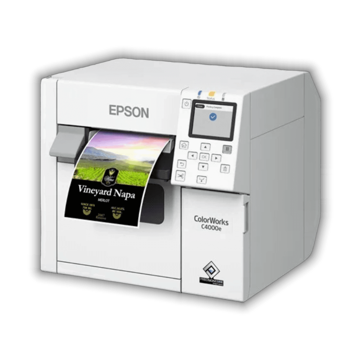 Epson ColorWorks C4000e z wydrukowaną kolorową etykietą na butelkę wina