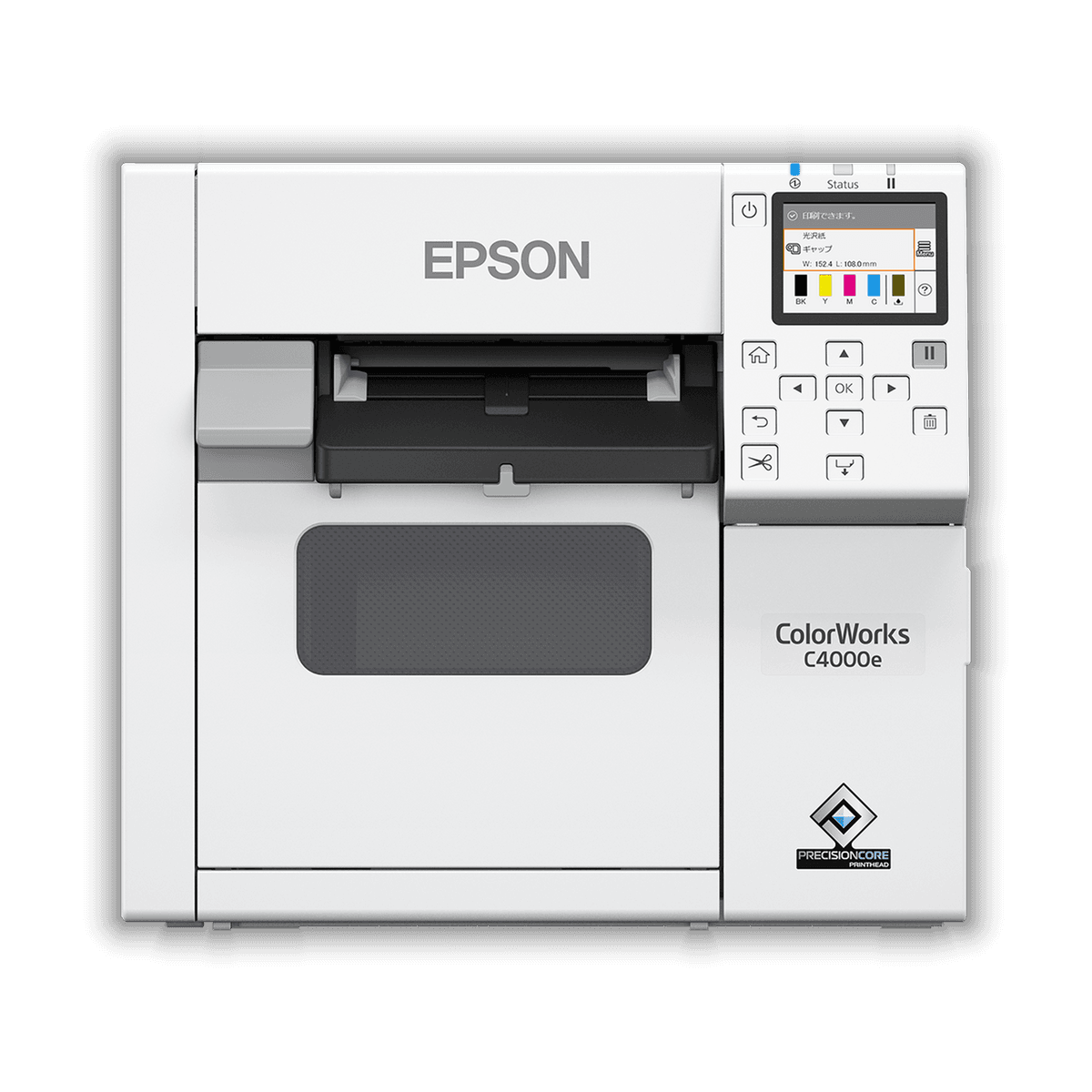 Epson ColorWorks C4000e od przodu, z kolorowym wyświetlaczem i panelem sterowania