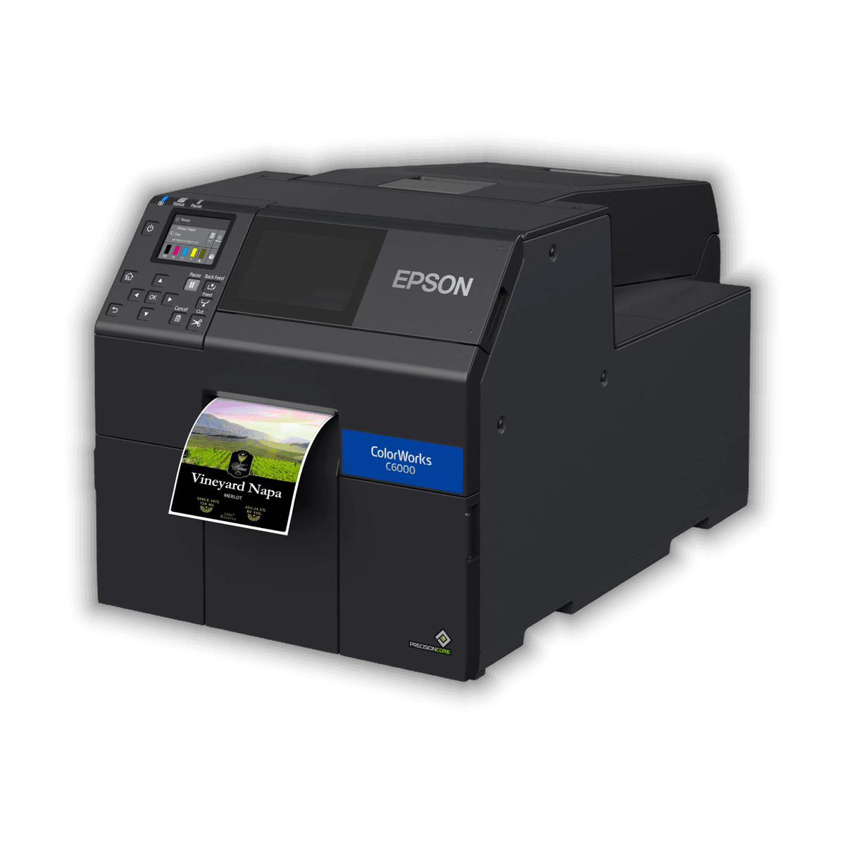Epson ColorWorks C6000 z wydrukowaną kolorową etykietą na butelkę wina