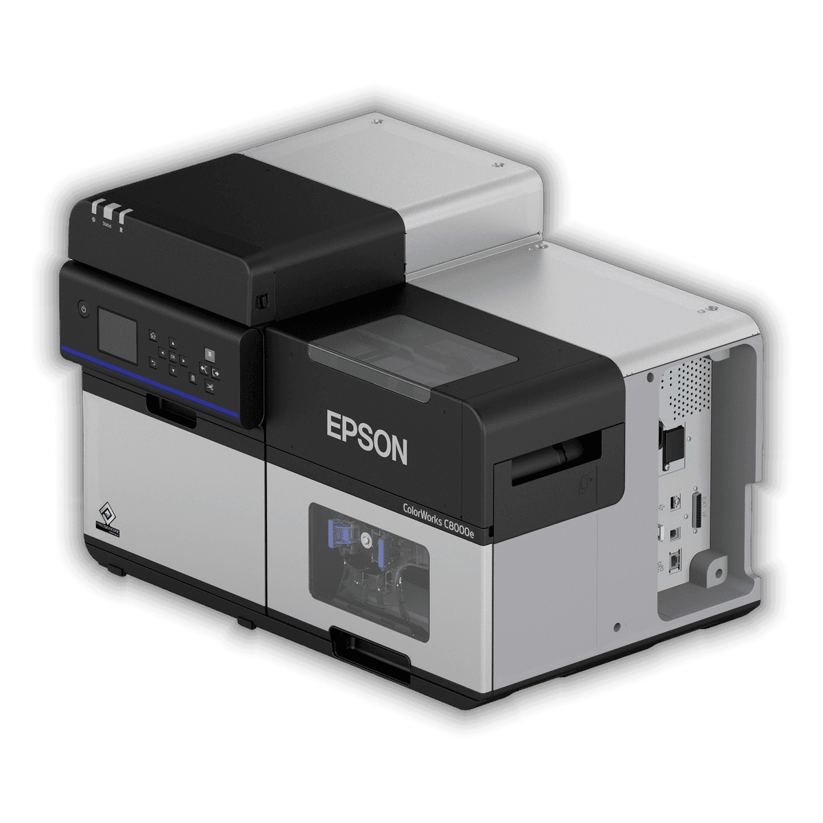 Epson ColorWorks C8000e pod kątem, widoczny panel sterowania i prawy bok z gniazdami