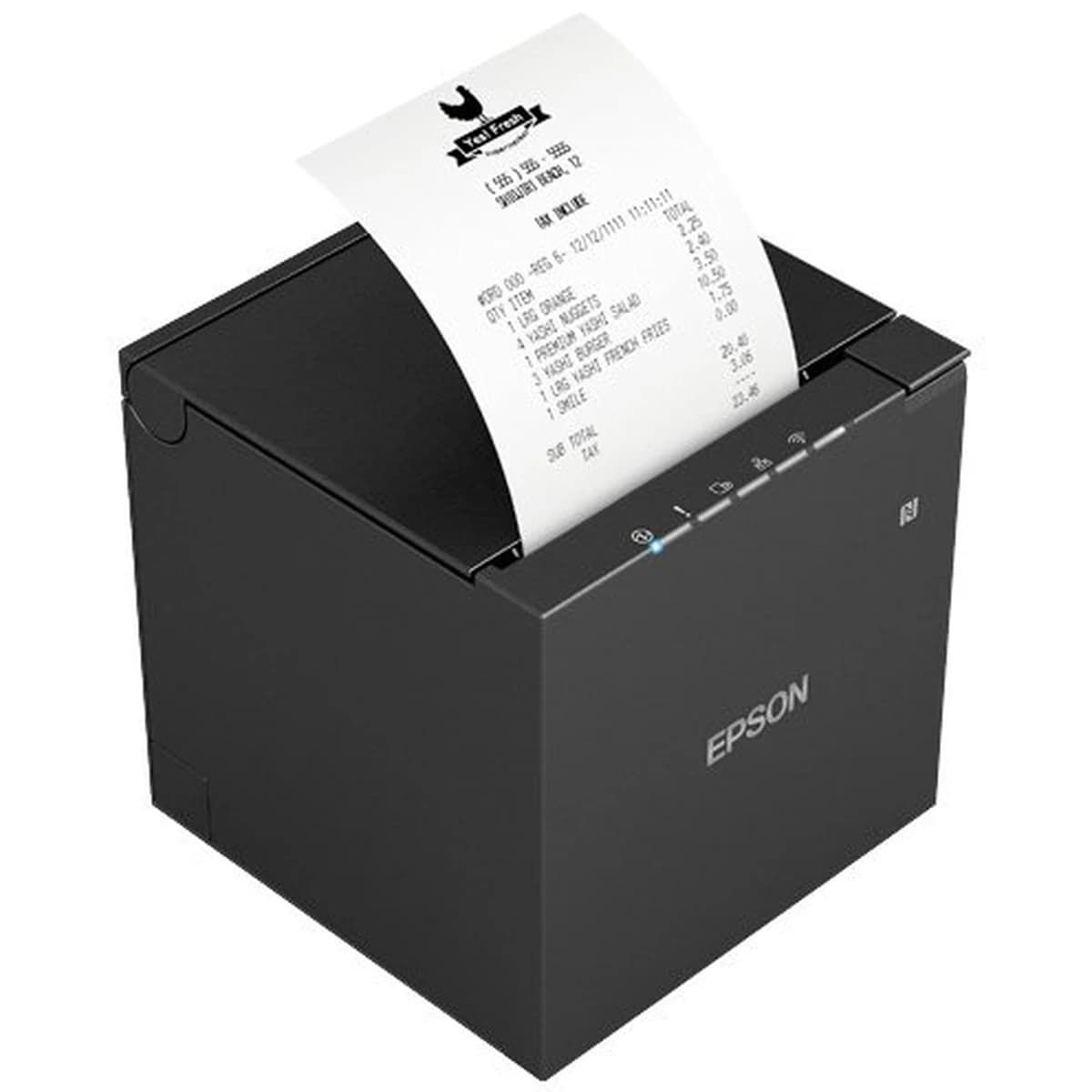 Epson TM-m30III — czarna obudowa, wydruk paragonu od góry, widok pod kątem