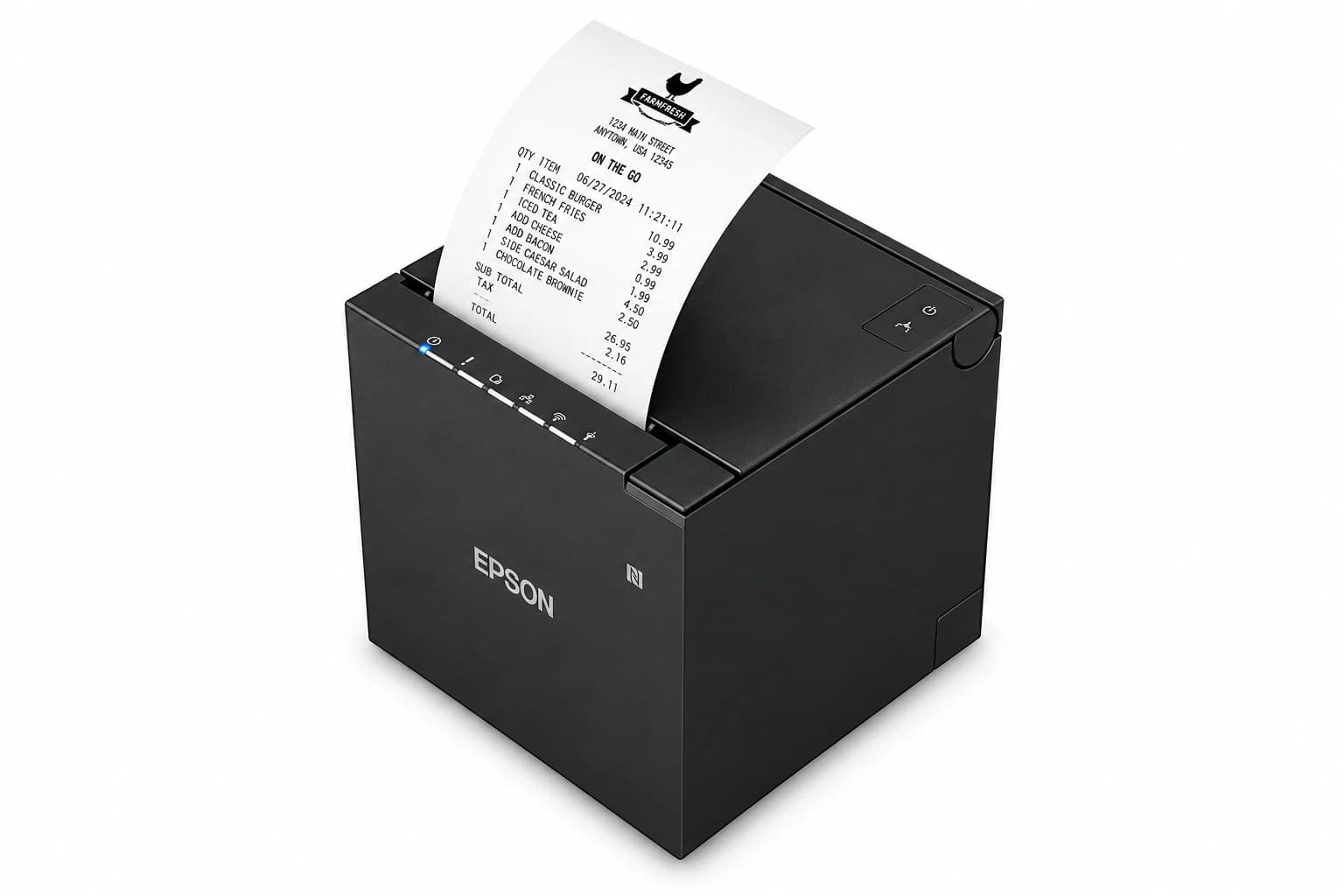 Epson TM-m50II — widok z przodu pod kątem z paragonem