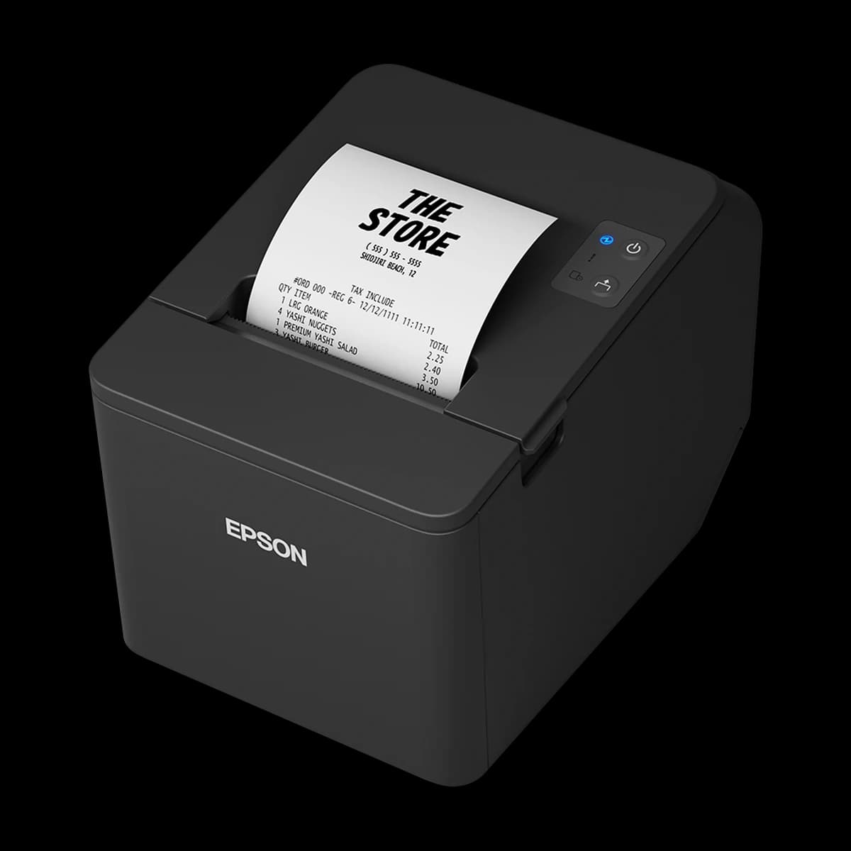Epson TM-T20IV — czarna obudowa, wydruk paragonu, widok z przodu pod kątem