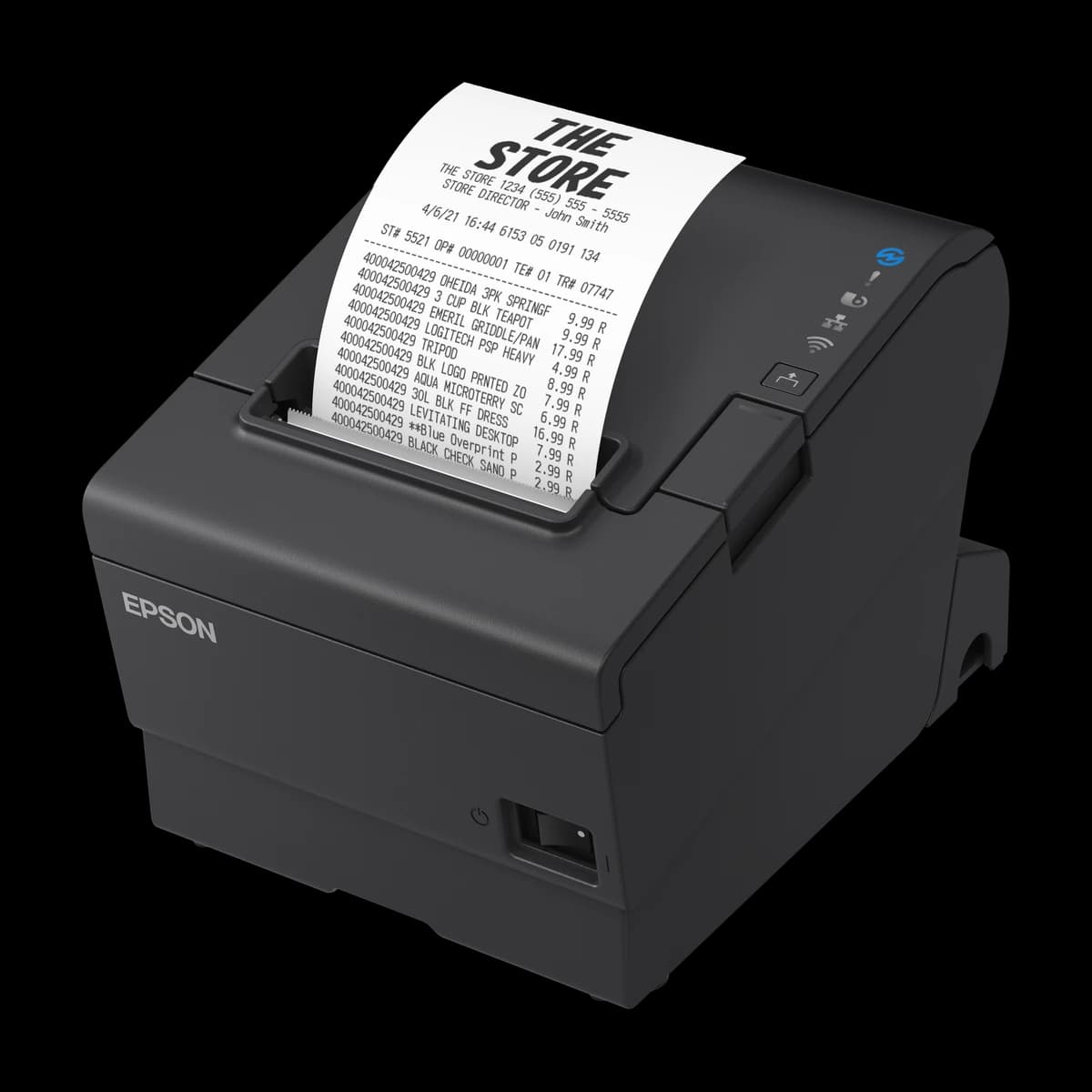 Epson TM-T88VII — czarna obudowa, wydruk paragonu, widok z przodu pod kątem