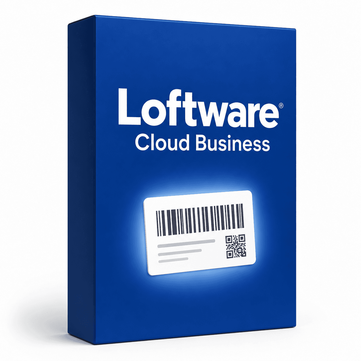 Loftware Cloud Business — wizualizacja licencji oprogramowania, pudełko z etykietą i kodem kreskowym
