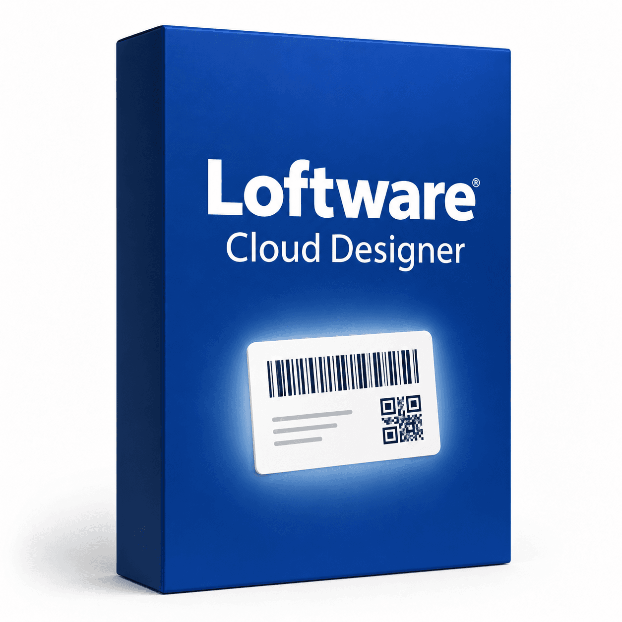 Loftware Cloud Designer — wizualizacja licencji oprogramowania, pudełko z etykietą i kodem kreskowym