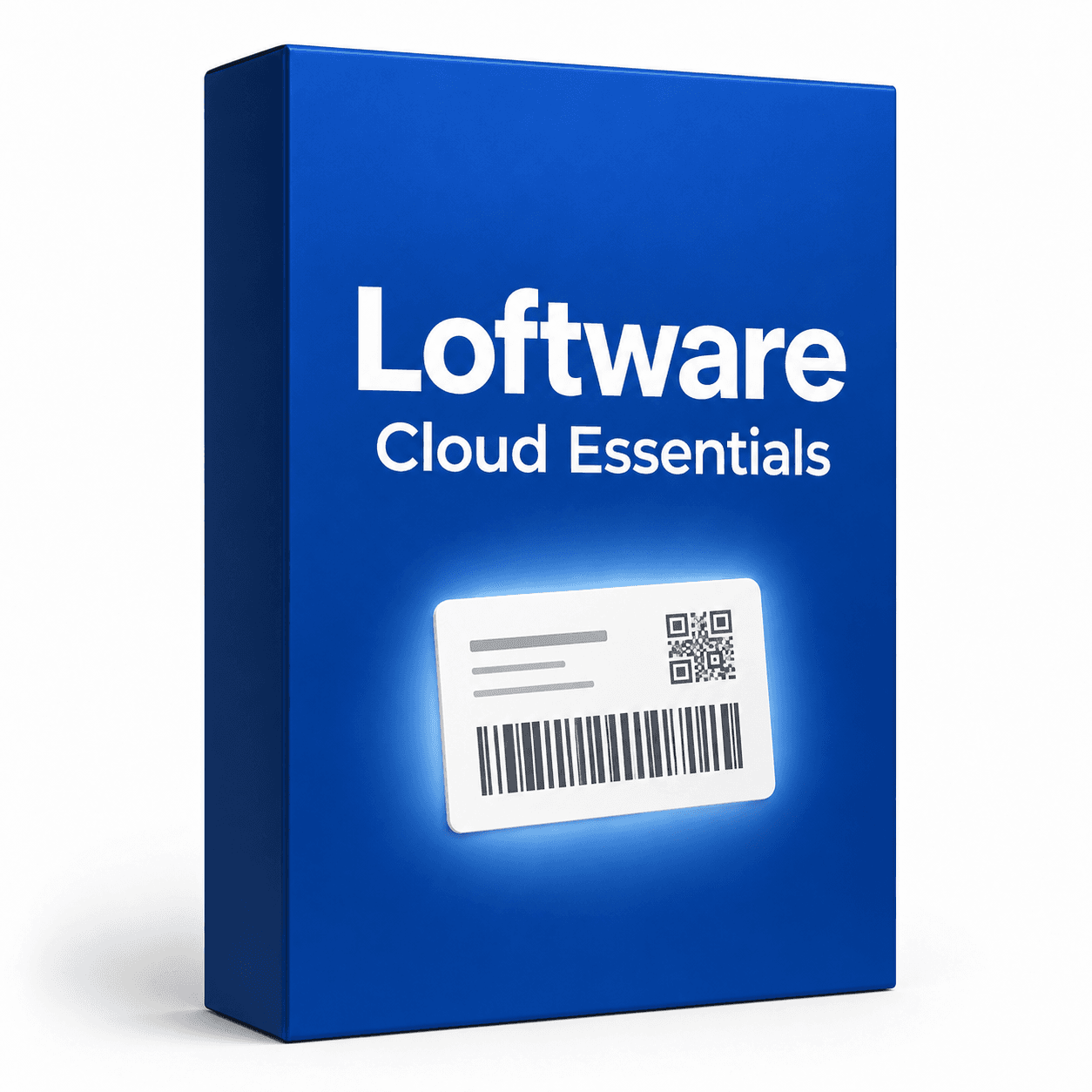 Loftware Cloud Essentials — wizualizacja licencji oprogramowania, pudełko z etykietą i kodem kreskowym