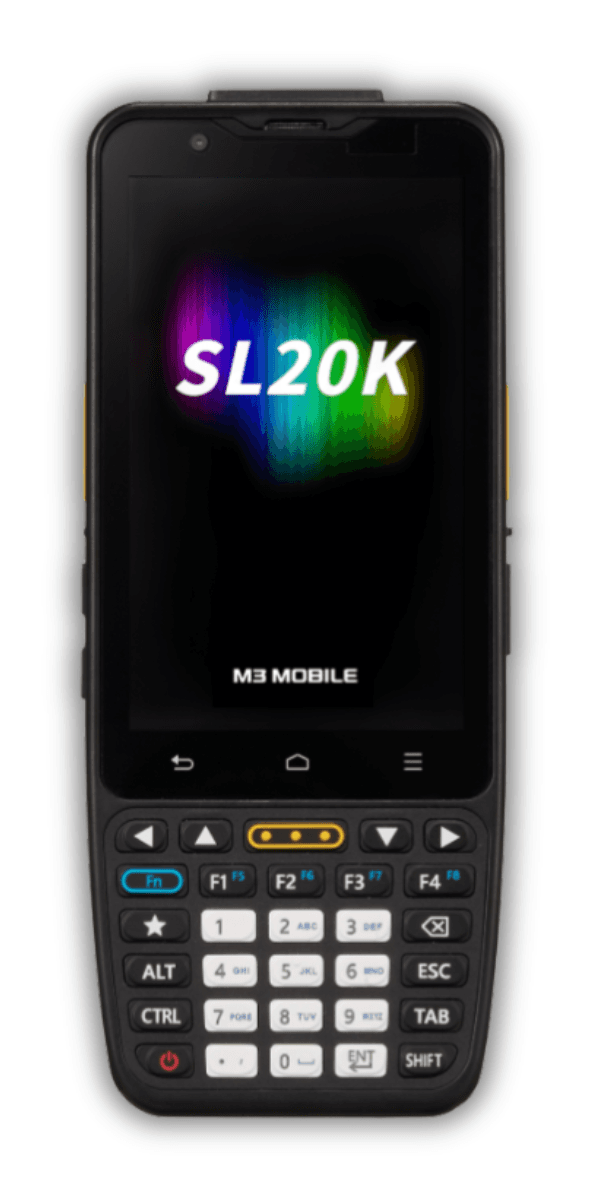 M3 SL20K — widok z przodu, ekran dotykowy 4 cale, kamera przednia, klawiatura numeryczna 30-klawiszowa z podświetleniem, przyciski funkcyjne F1-F4, żółty przycisk skanowania