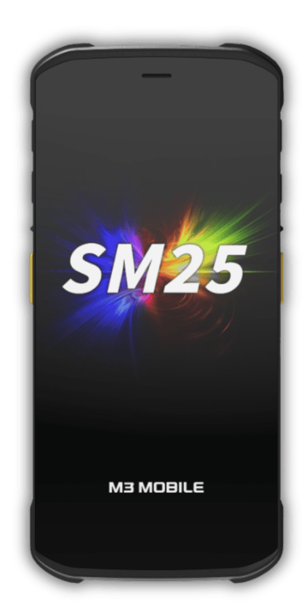 M3 SM25 — widok z przodu, ekran 6 cali FHD+ z Gorilla Glass 5 i logo M3 Mobile