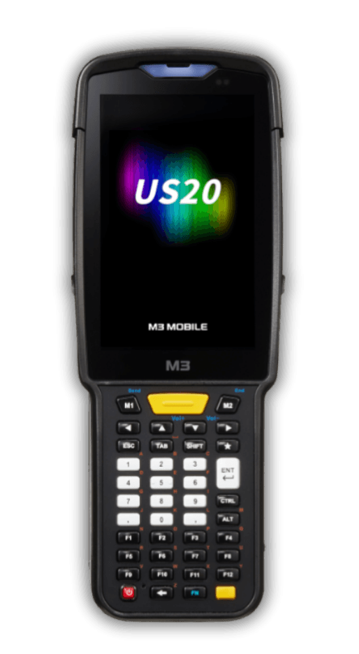 M3 US20 — widok z przodu, ekran dotykowy 4 cale WVGA, fizyczna klawiatura alfanumeryczna, logo M3 Mobile