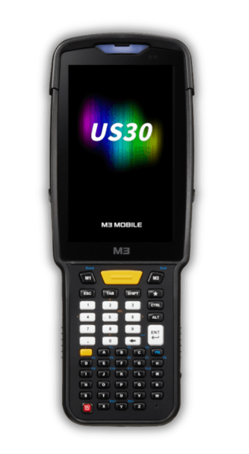 M3 US30 — widok z przodu, ekran dotykowy 4 cale WVGA, fizyczna klawiatura alfanumeryczna, logo M3 Mobile