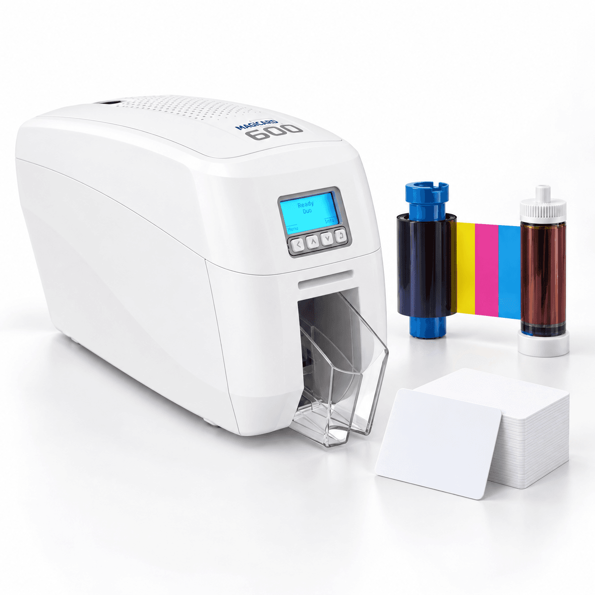 Zestaw startowy Magicard 600 Duo: drukarka, taśma YMCKO i karty PVC Premium